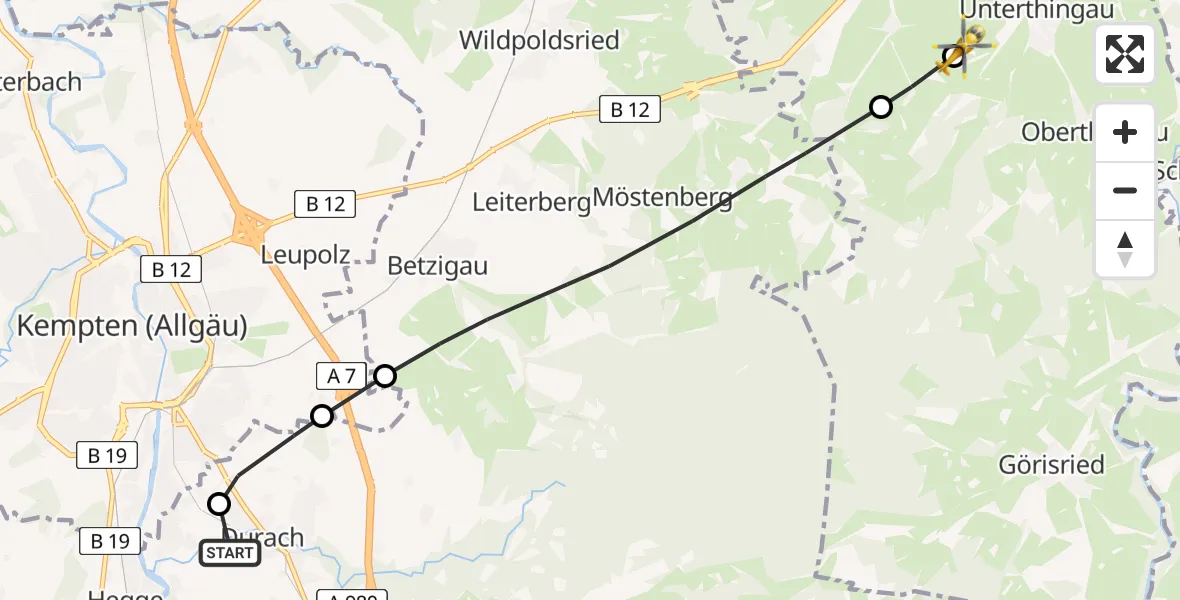 Flugroute Rettungshubschrauber Kempten-Durach Flugplatz - Unterthingau, 11 Juni 2026, 09:45