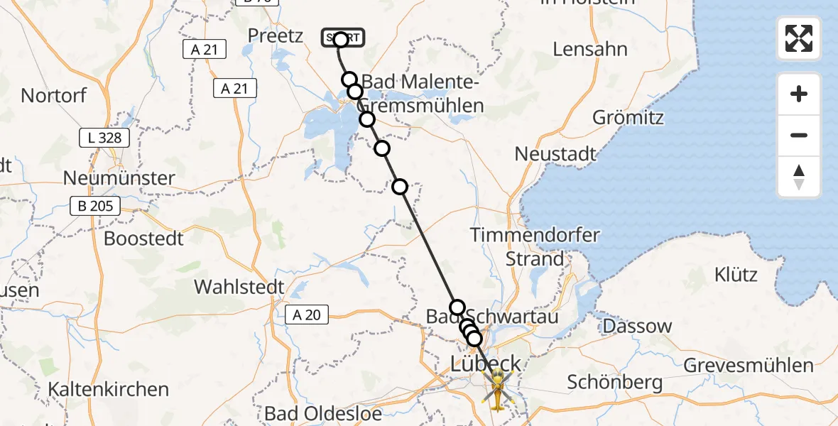 Flugroute Rettungshubschrauber Mucheln - Lübeck, 11 Juni 2026, 09:46