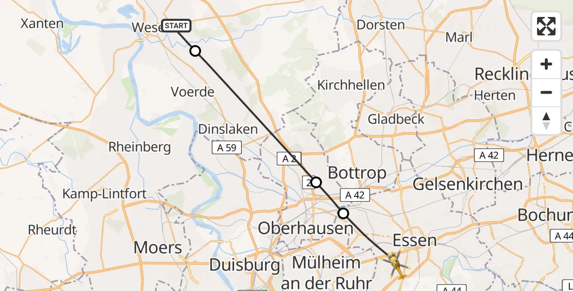 Flugroute Rettungshubschrauber Wesel - Essen, 11 Juni 2026, 09:48