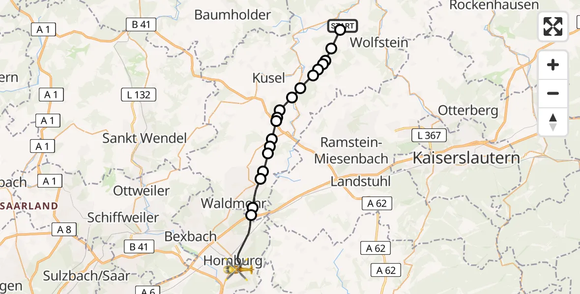 Flugroute Rettungshubschrauber Glanbrücken - Homburg, 11 Juni 2026, 09:56