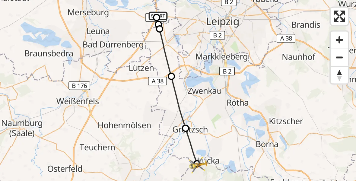 Flugroute Rettungshubschrauber ADAC Air Rescue Station Leipzig/Schkeuditz-Dölzig Hubschrauberlandeplatz (Christoph 61) - Lucka, 11 Juni 2026, 09:57