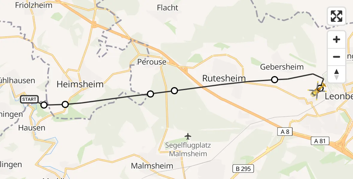 Flugroute Rettungshubschrauber Tiefenbronn - Leonberg Hospital, 11 Juni 2026, 10:03