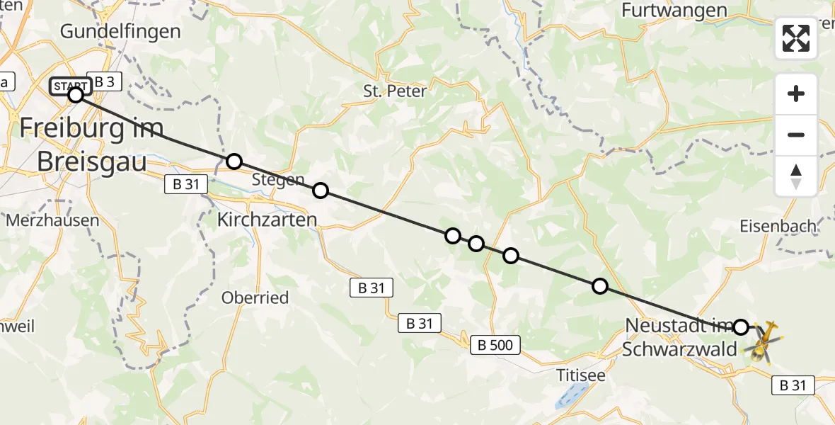 Flugroute Rettungshubschrauber Freiburg im Breisgau Flugplatz - Friedenweiler, 11 Juni 2026, 10:03