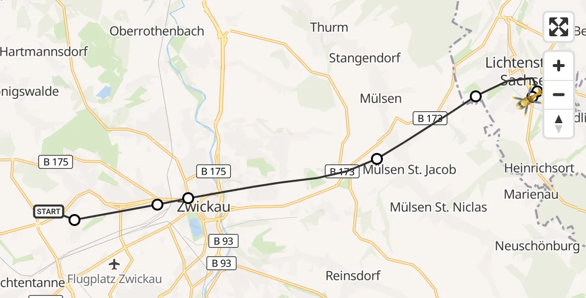 Flugroute Rettungshubschrauber ADAC Air Rescue Station Zwickau Hubschrauberlandeplatz - DRK Hospital Lichtenstein, 11 Juni 2026, 10:06
