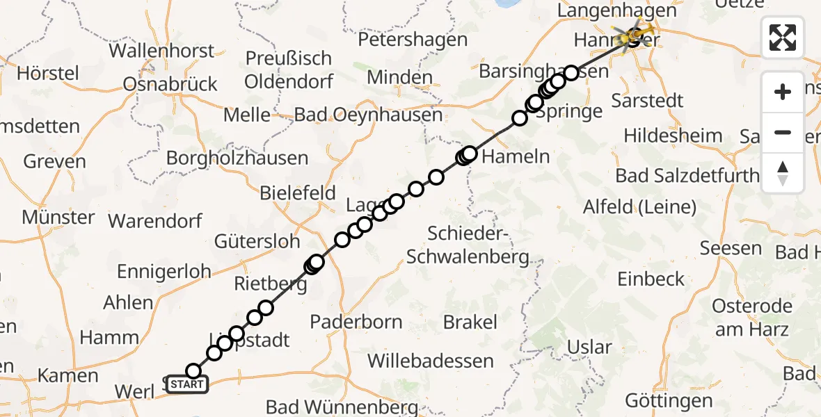 Flugroute Ambulanzhubschrauber Soest - Hannover Luftrettung Hubschrauberlandeplatz (Christoph 4), 11 Juni 2026, 10:08