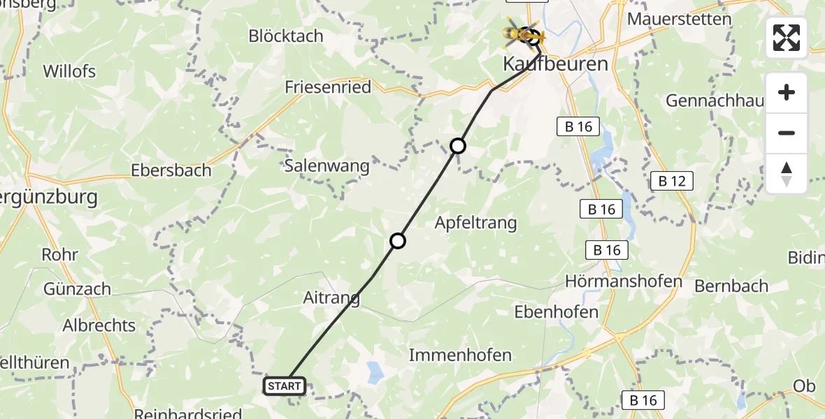 Flugroute Rettungshubschrauber Aitrang - Ostallgäu-Kaufbeuren Hospital, 11 Juni 2026, 10:14