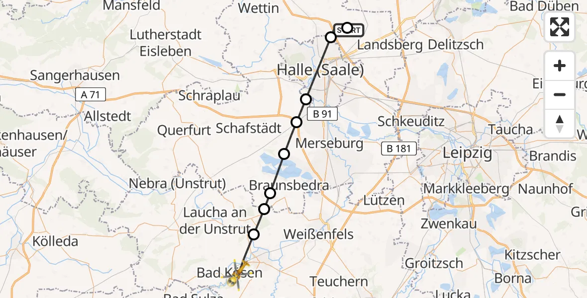 Flugroute Rettungshubschrauber Halle-Oppin Flugplatz - Naumburg (Saale), 11 Juni 2026, 10:17