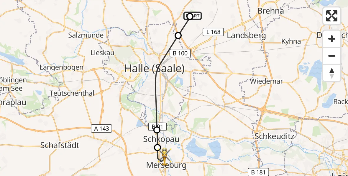 Flugroute Rettungshubschrauber Halle-Oppin Flugplatz - Merseburg, 11 Juni 2026, 10:19