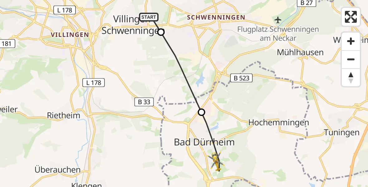 Flugroute Ambulanzhubschrauber DRF Air Rescue Station Villingen-Schwenningen Hubschrauberlandeplatz (Christoph 11) - Bad Dürrheim, 11 Juni 2026, 10:20