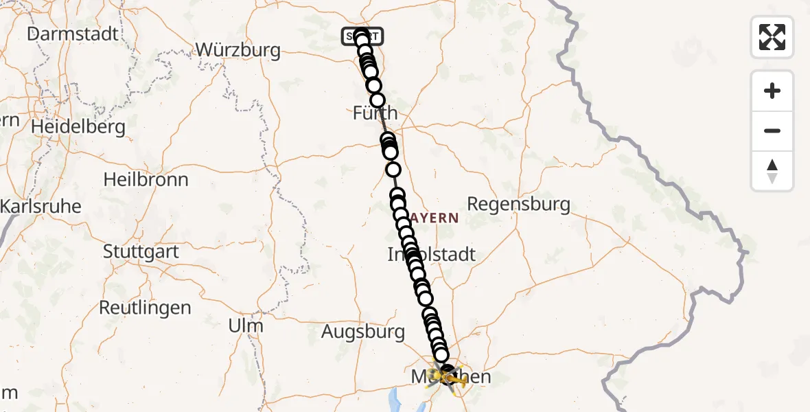 Flugroute Rettungshubschrauber Bamberg Hospital - München, 11 Juni 2026, 10:20