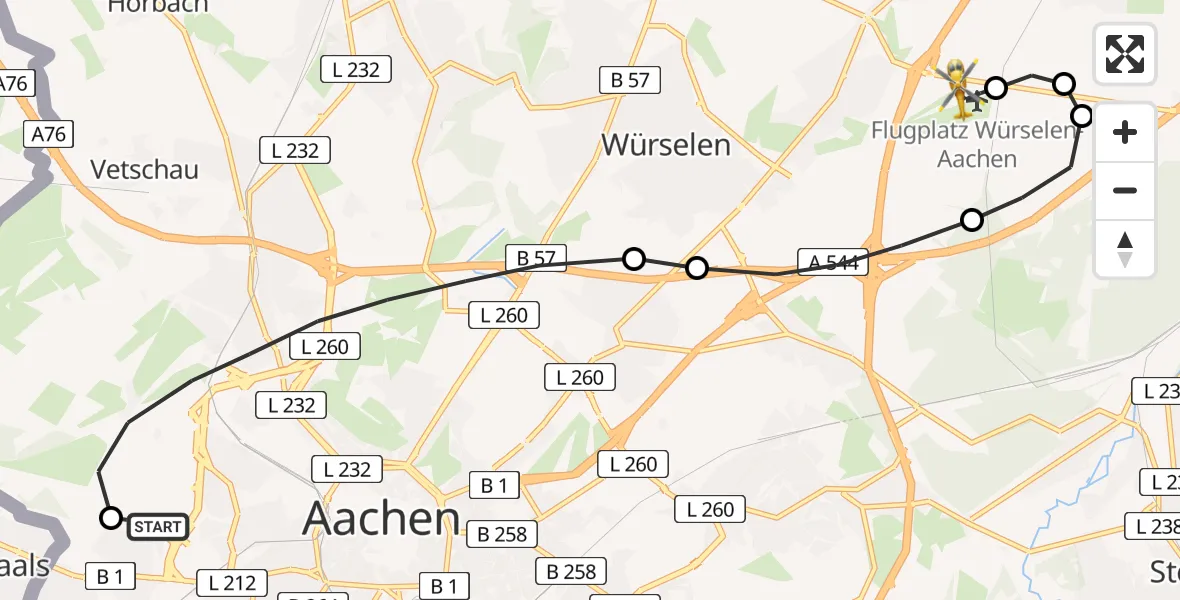 Flugroute Rettungshubschrauber Aachen Hospital - Aachen-Merzbrück Flughafen, 11 Juni 2026, 10:23