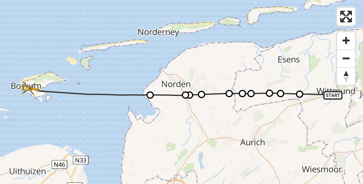 Flugroute Ambulanzhubschrauber Wittmund - Noordzee, 11 Juni 2026, 10:25