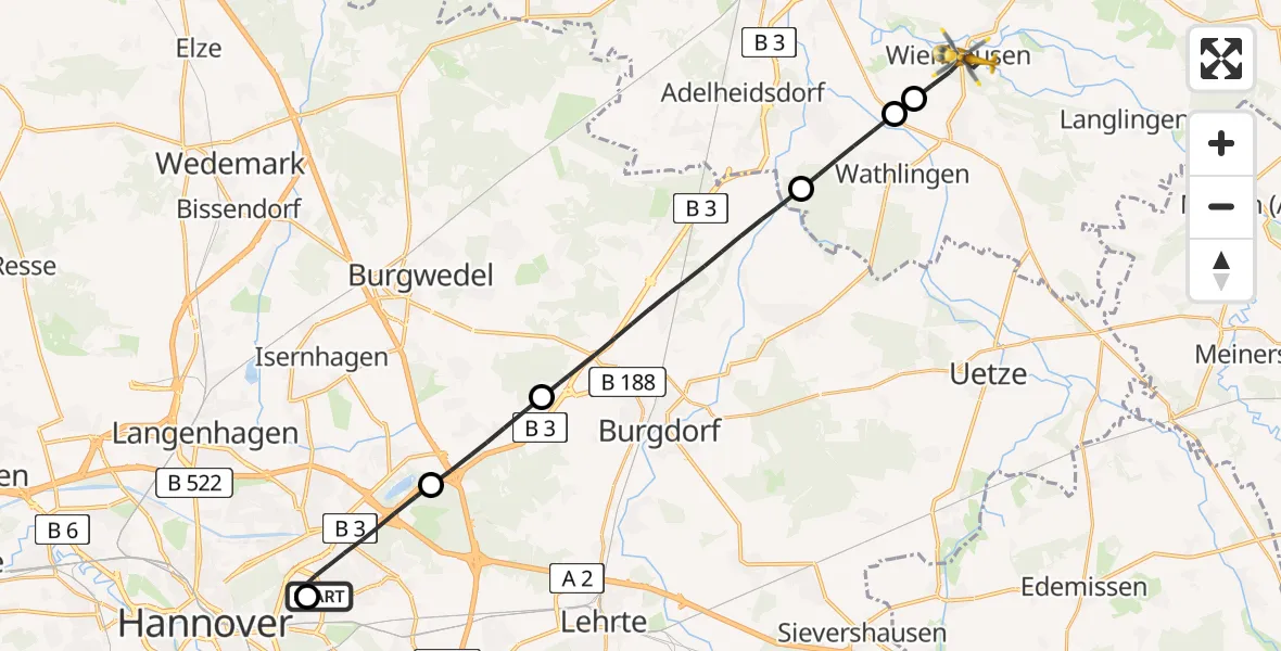Flugroute Rettungshubschrauber Hannover Luftrettung Hubschrauberlandeplatz (Christoph 4) - Wienhausen, 11 Juni 2026, 10:27
