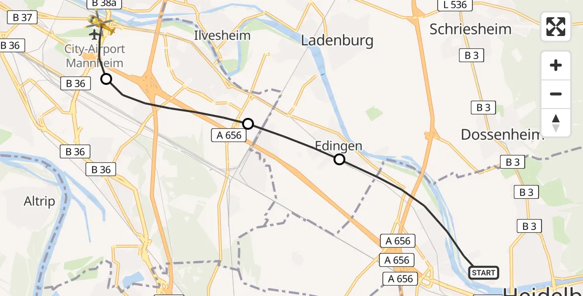 Flugroute Rettungshubschrauber Heidelberg - Mannheim-City Flughafen, 11 Juni 2026, 10:29