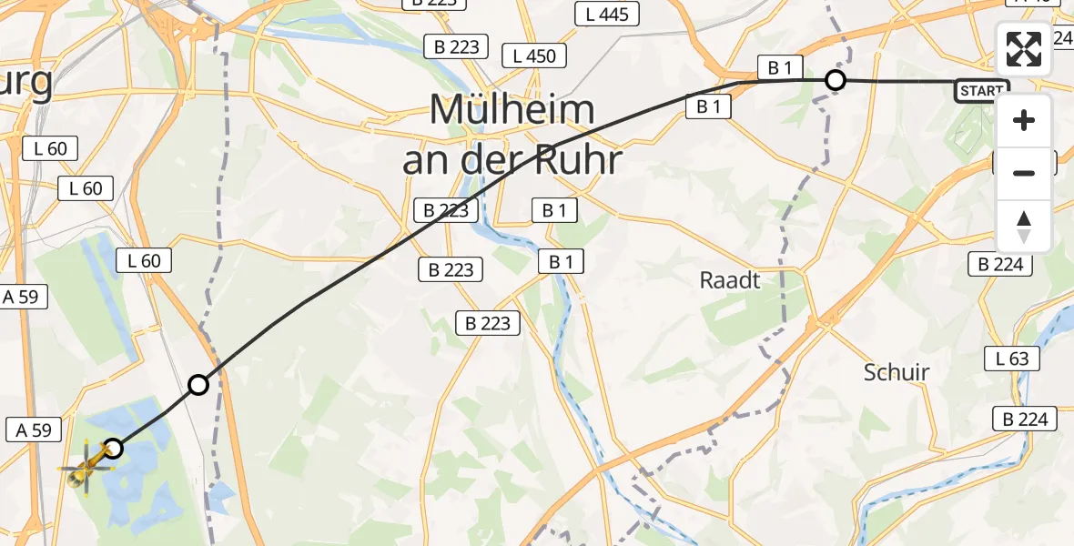 Flugroute Rettungshubschrauber Essen - Duisburg Air Rescue Hubschrauberlandeplatz (Christoph 9), 11 Juni 2026, 10:30