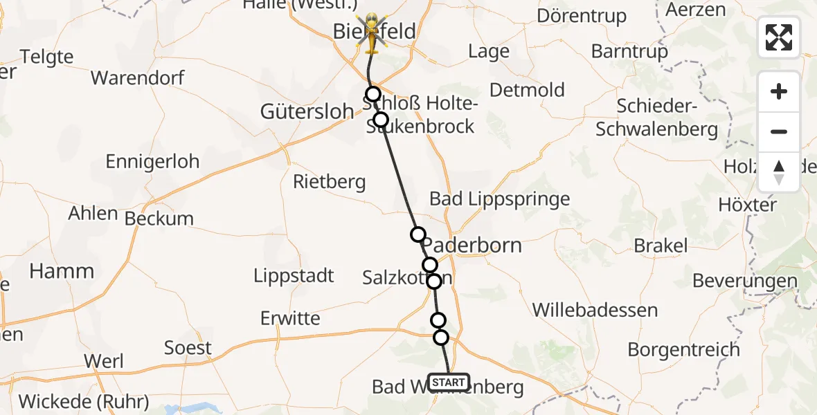Flugroute Rettungshubschrauber Bad Wünnenberg - Bielefeld, 11 Juni 2026, 10:33