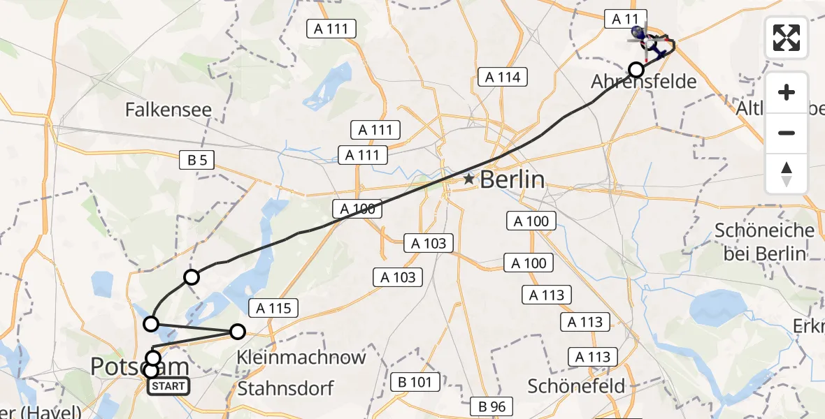 Flugroute Polizeihubschrauber Potsdam - Ahrensfelde Hubschrauberlandeplatz, 11 Juni 2026, 10:35