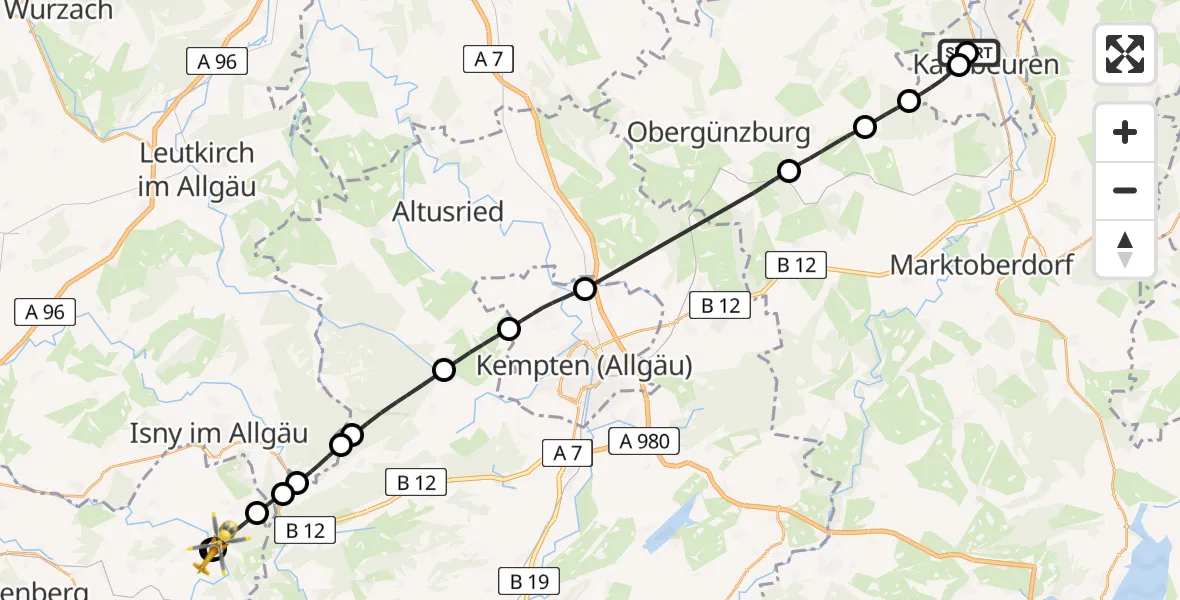Flugroute Rettungshubschrauber Ostallgäu-Kaufbeuren Hospital - Maierhöfen, 11 Juni 2026, 10:37