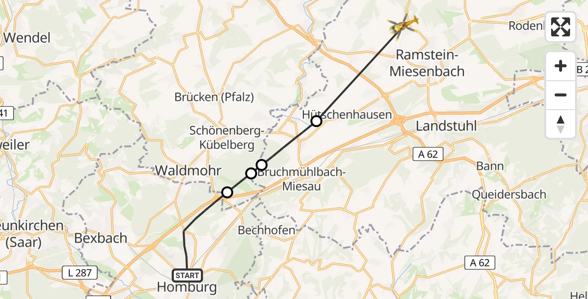 Flugroute Rettungshubschrauber Homburg - Kottweiler-Schwanden, 11 Juni 2026, 10:38