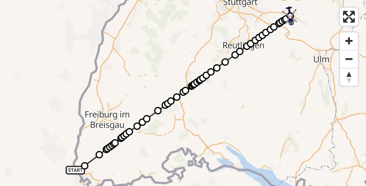 Flugroute Polizeihubschrauber Efringen-Kirchen - Göppingen, 11 Juni 2026, 10:38