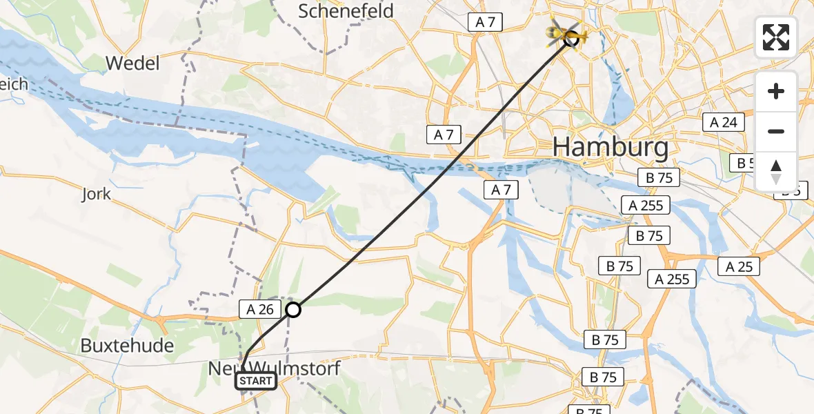 Flugroute Rettungshubschrauber Neu Wulmstorf - Universitätsklinikum Hamburg-Eppendorf Hubschrauberlandeplatz, 11 Juni 2026, 10:47