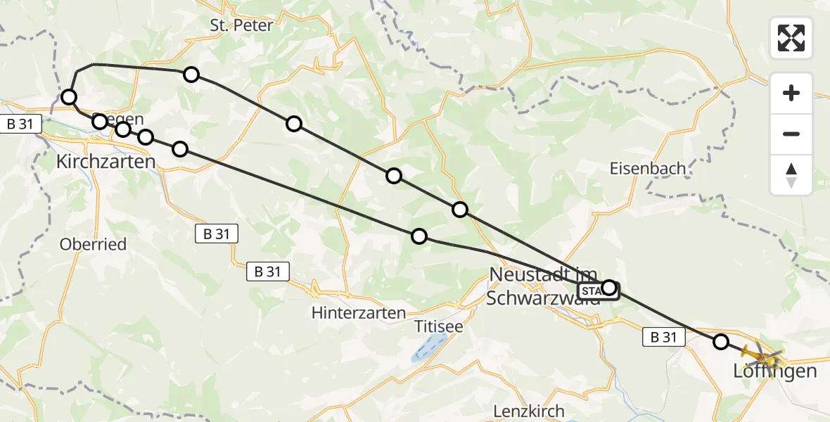 Flugroute Rettungshubschrauber Titisee-Neustadt - Löffingen, 11 Juni 2026, 10:49