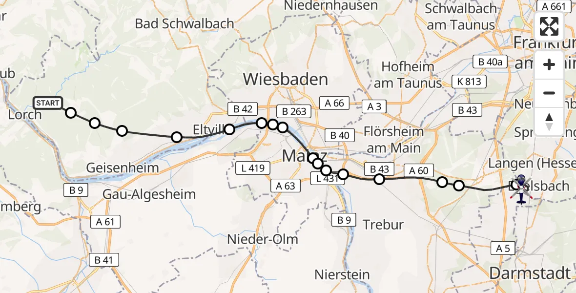 Flugroute Polizeihubschrauber Lorch - Flughafen Frankfurt-Egelsbach, 11 Juni 2026, 10:51