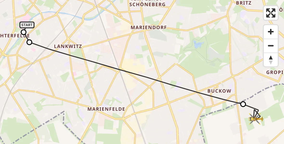 Flugroute Rettungshubschrauber Charité Clinic Benjamin Franklin Campus - Schönefeld, 11 Juni 2026, 10:52