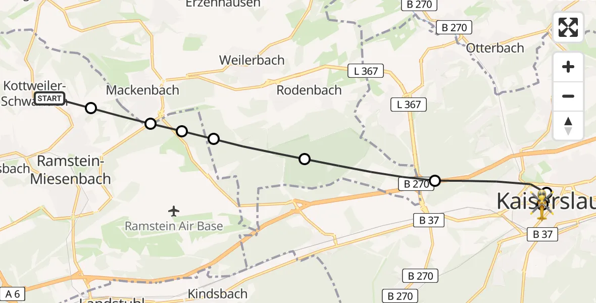 Flugroute Rettungshubschrauber Kottweiler-Schwanden - Westpfalz Hospital Kaiserslautern, 11 Juni 2026, 10:56