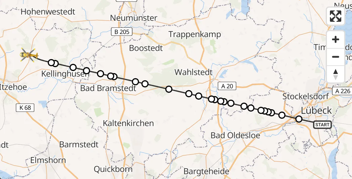 Flugroute Rettungshubschrauber Lübeck - Itzehoe Hungriger Wolf Flugplatz, 11 Juni 2026, 10:59