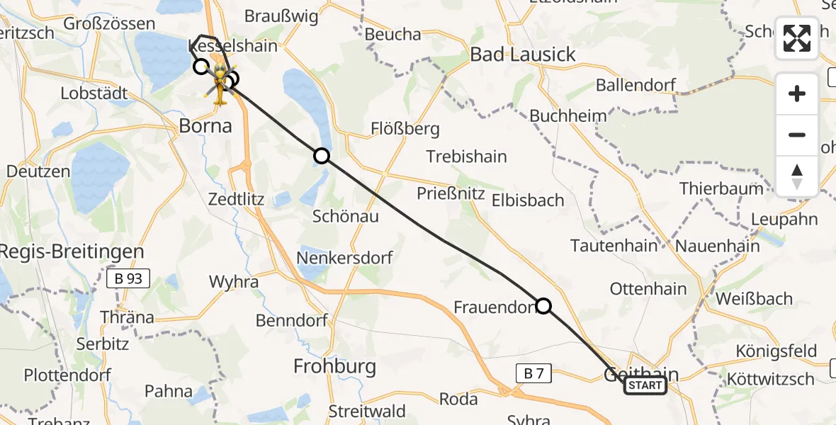 Flugroute Rettungshubschrauber Geithain - Sana Hospital Borna, 11 Juni 2026, 11:02