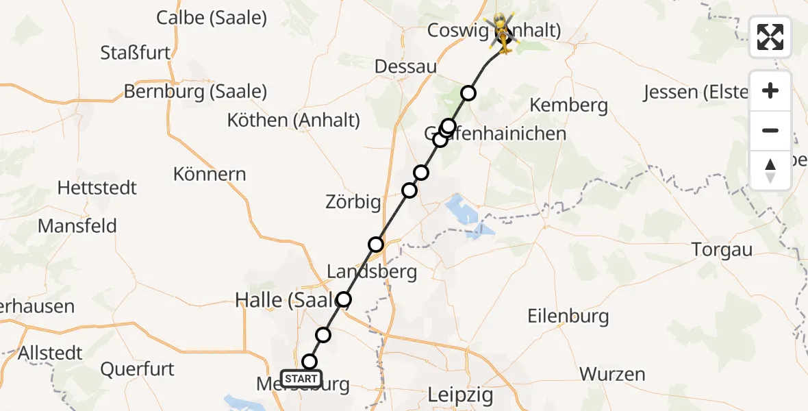 Flugroute Rettungshubschrauber Merseburg - MediClin Heart Center Coswig Hubschrauberlandeplatz, 11 Juni 2026, 11:02