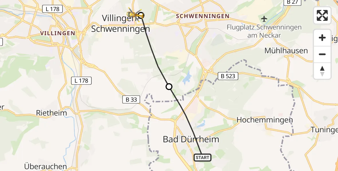 Flugroute Ambulanzhubschrauber Bad Dürrheim - DRF Air Rescue Station Villingen-Schwenningen Hubschrauberlandeplatz (Christoph 11), 11 Juni 2026, 11:03