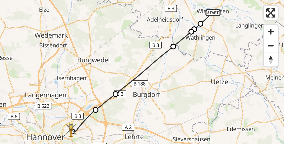 Flugroute Rettungshubschrauber Wienhausen - Hannover Luftrettung Hubschrauberlandeplatz (Christoph 4), 11 Juni 2026, 11:07