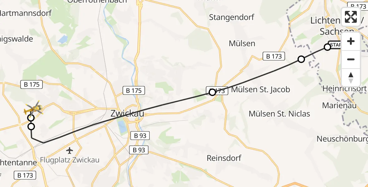 Flugroute Rettungshubschrauber DRK Hospital Lichtenstein - ADAC Air Rescue Station Zwickau Hubschrauberlandeplatz, 11 Juni 2026, 11:07