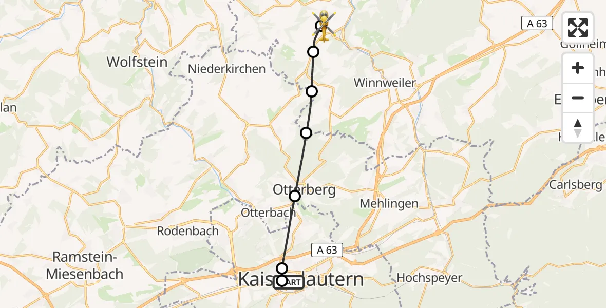 Flugroute Rettungshubschrauber Westpfalz Hospital Kaiserslautern - Imsweiler UL, 11 Juni 2026, 11:11