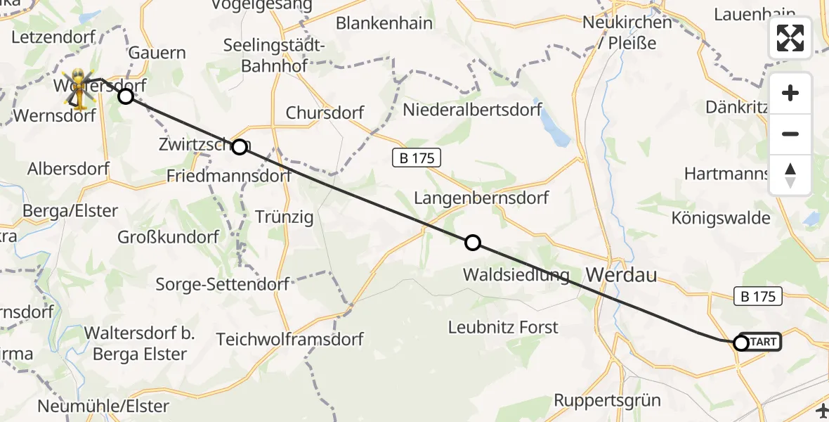 Flugroute Rettungshubschrauber ADAC Air Rescue Station Zwickau Hubschrauberlandeplatz - Berga-Wünschendorf, 11 Juni 2026, 11:16