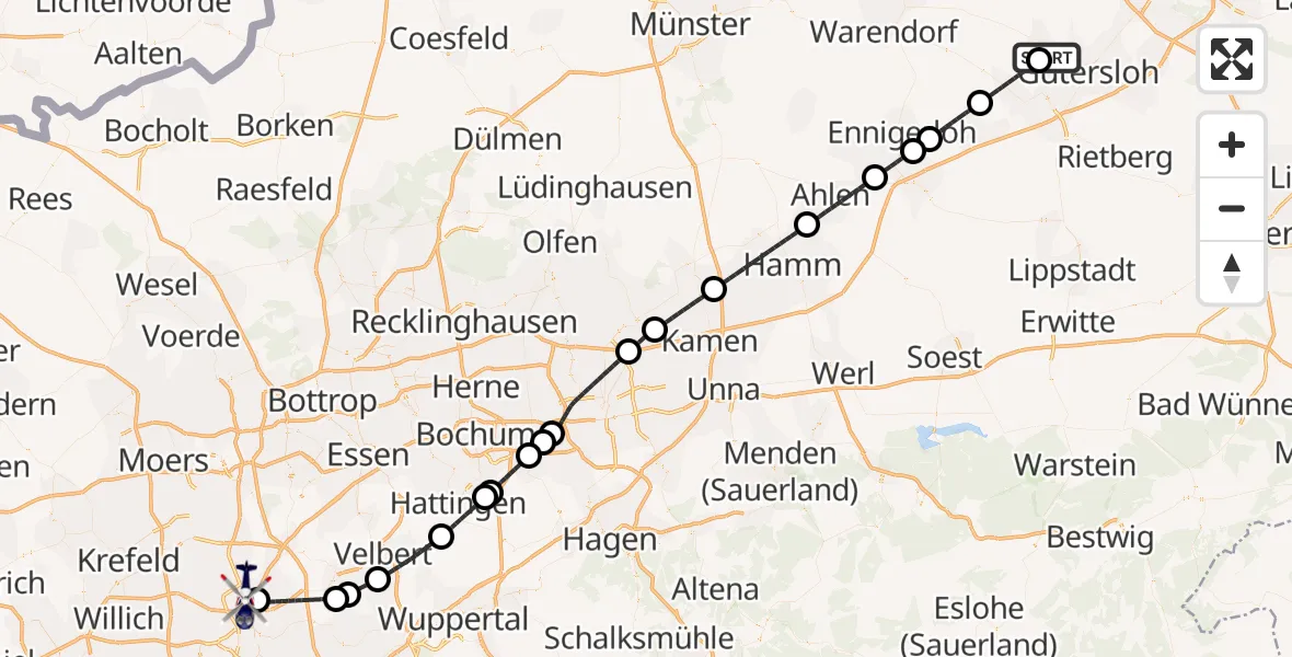 Flugroute Polizeihubschrauber Gütersloh - Düsseldorf Flughafen, 11 Juni 2026, 11:22
