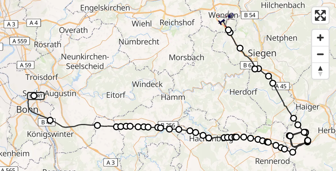 Flugroute Polizeihubschrauber Sankt Augustin - Wenden, 11 Juni 2026, 11:26