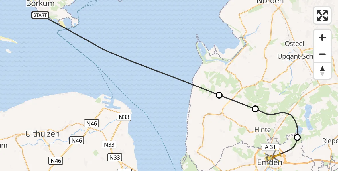 Flugroute Ambulanzhubschrauber Noordzee - Emden, 11 Juni 2026, 11:26