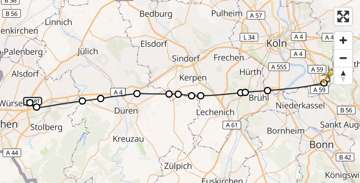 Flugroute Rettungshubschrauber Aachen-Merzbrück Flughafen - Köln Bonn Flughafen, 11 Juni 2026, 11:30