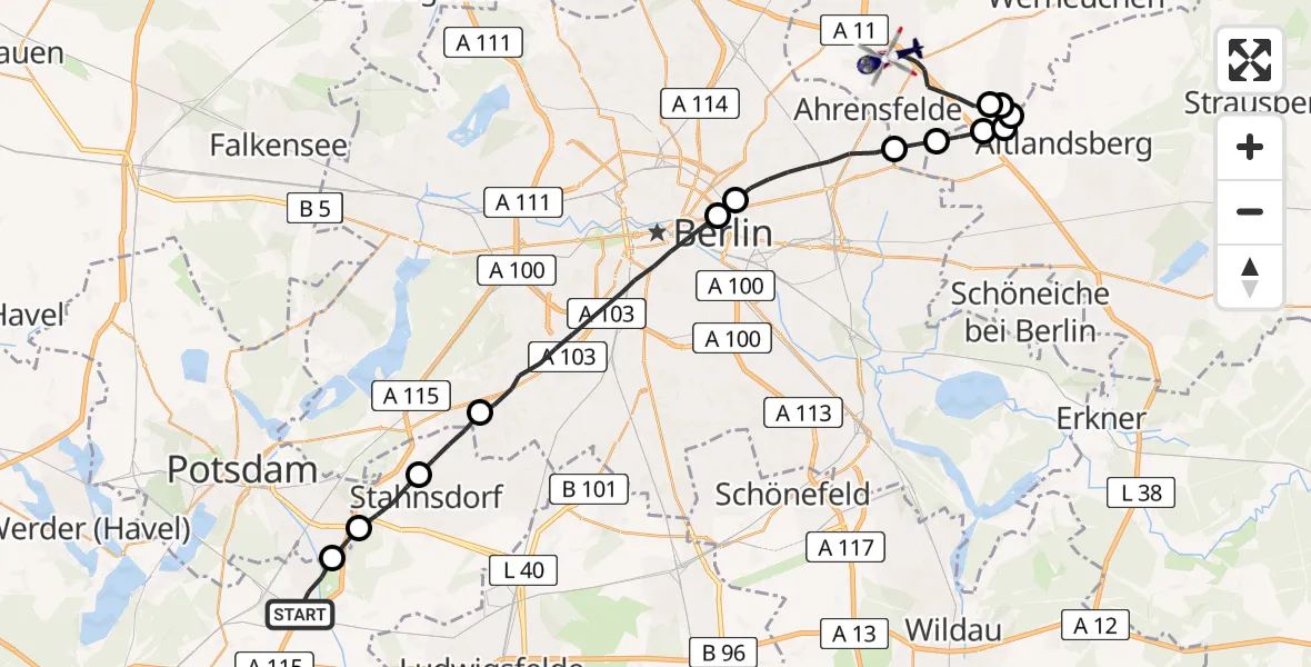Flugroute Polizeihubschrauber Nuthetal - Ahrensfelde, 11 Juni 2026, 11:32