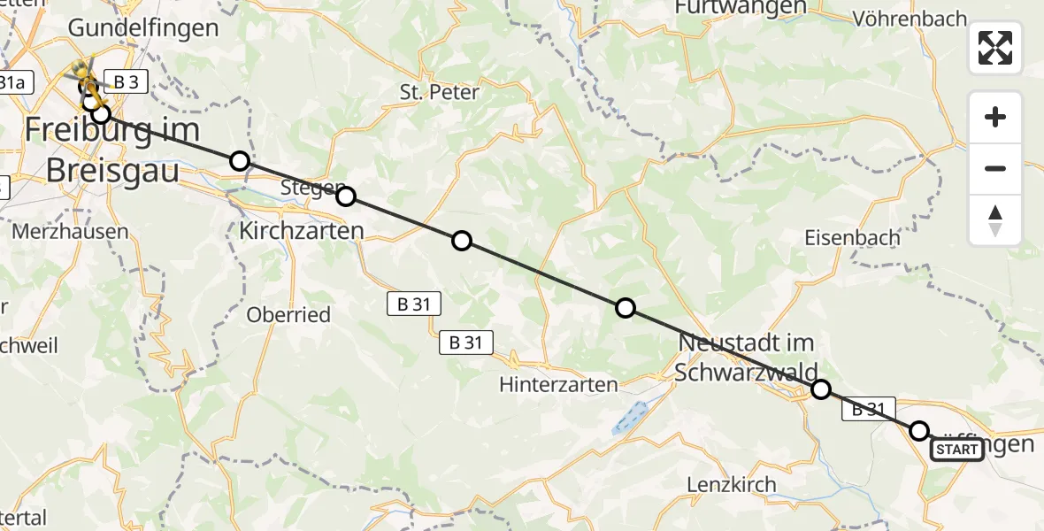 Flugroute Rettungshubschrauber Löffingen - Freiburg im Breisgau Flugplatz, 11 Juni 2026, 11:35