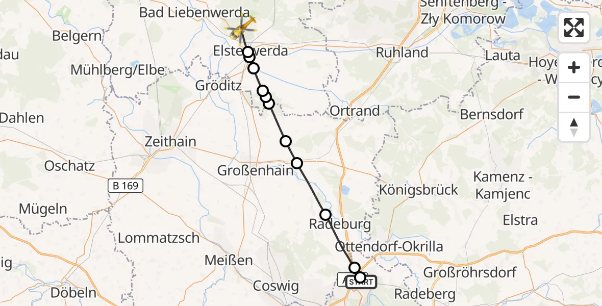 Flugroute Rettungshubschrauber Dresden Bundespolizei Hubschrauberlandeplatz - Elsterwerda, 11 Juni 2026, 11:45