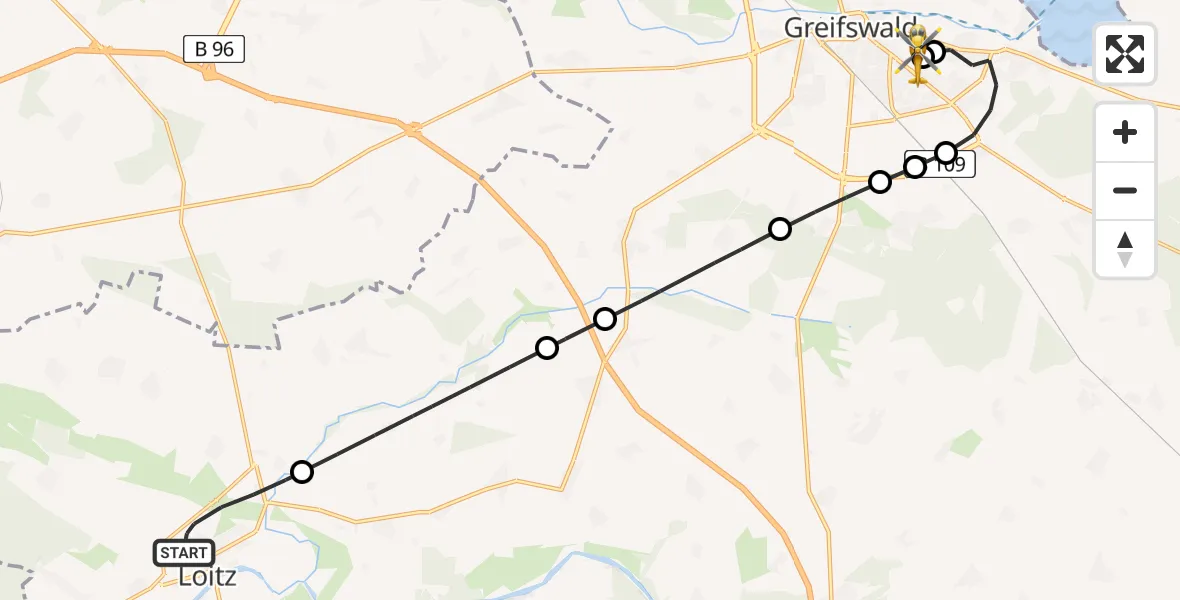 Flugroute Rettungshubschrauber Loitz - Greifswald Hospital, 11 Juni 2026, 11:48