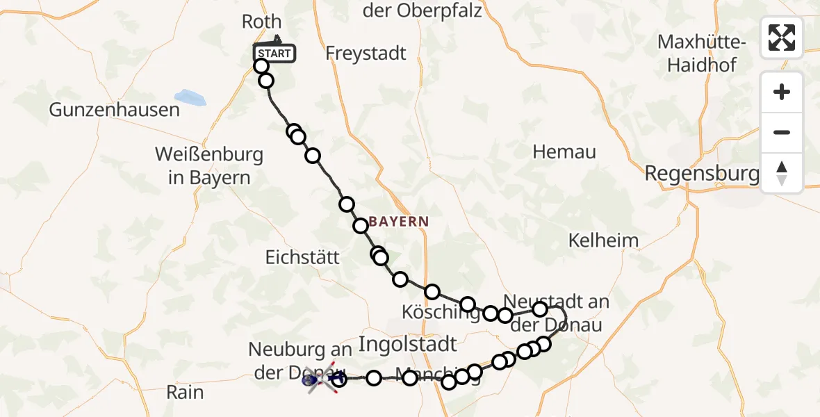 Flugroute Polizeihubschrauber Roth - Neuburg a.d.Donau, 11 Juni 2026, 11:54