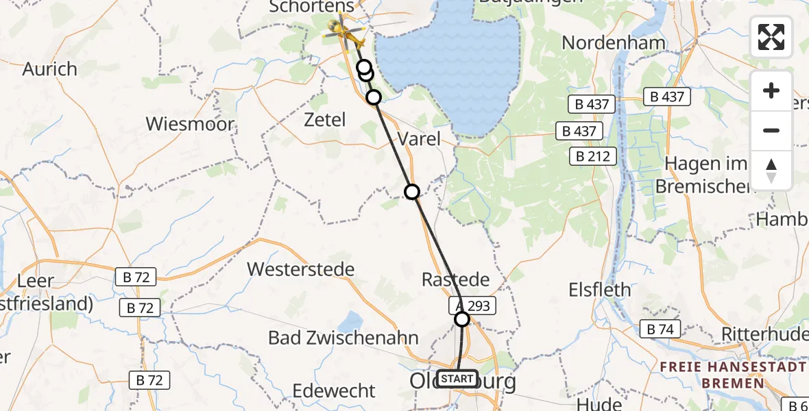 Flugroute Rettungshubschrauber Oldenburg (Oldb) - Sande, 11 Juni 2026, 11:59
