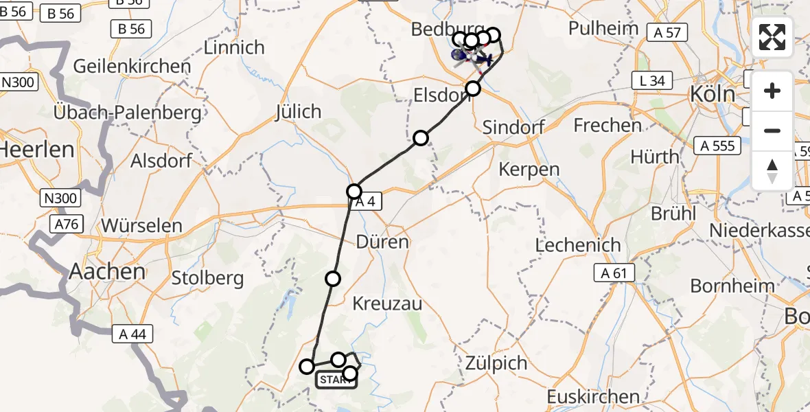 Flugroute Polizeihubschrauber Nideggen - Bergheim, 11 Juni 2026, 11:59
