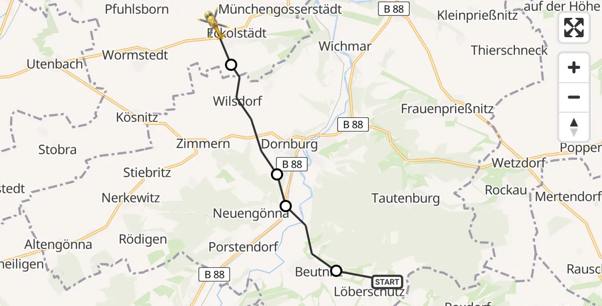 Flugroute Rettungshubschrauber Löberschütz - Bad Sulza, 11 Juni 2026, 12:06
