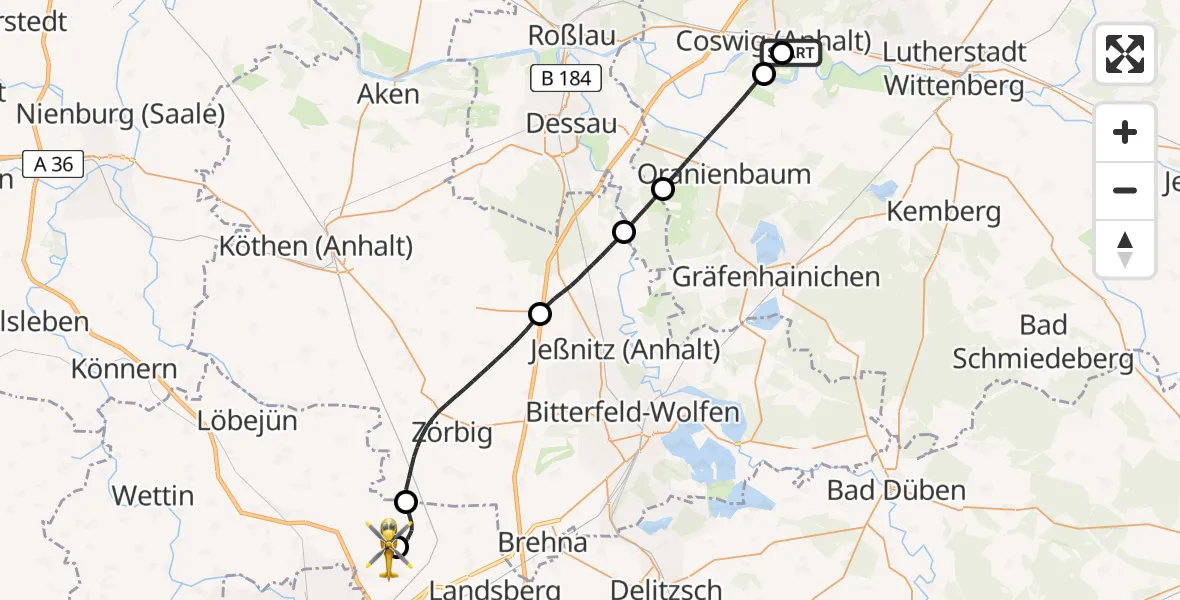 Flugroute Rettungshubschrauber MediClin Heart Center Coswig Hubschrauberlandeplatz - Halle-Oppin Flugplatz, 11 Juni 2026, 12:14